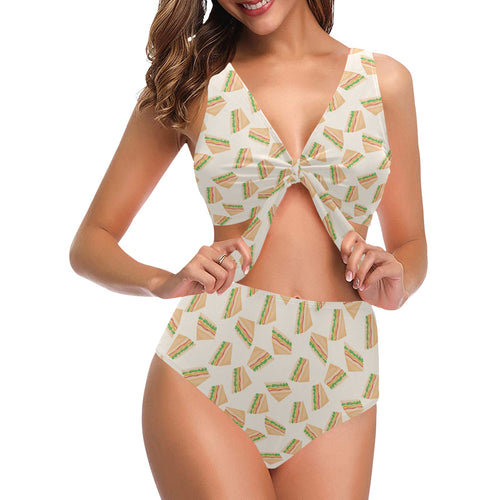 Sandwich Pattern Print Design 01 Chest Bowknot High Waisted Bikini Swimsuit