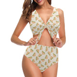 Sandwich Pattern Print Design 01 Chest Bowknot High Waisted Bikini Swimsuit