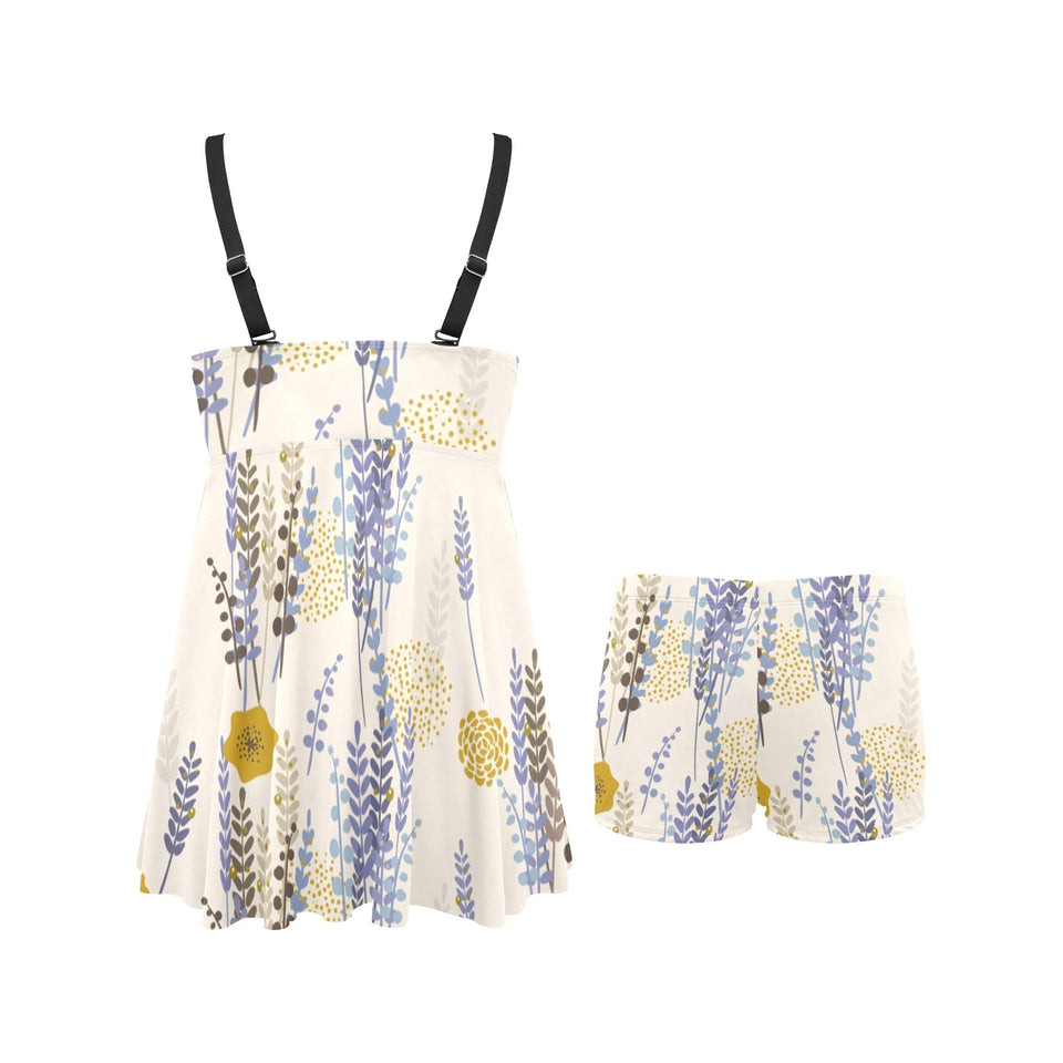 Lavender modern pattern blackground Chest Sexy Pleated Two Piece Swim Dress