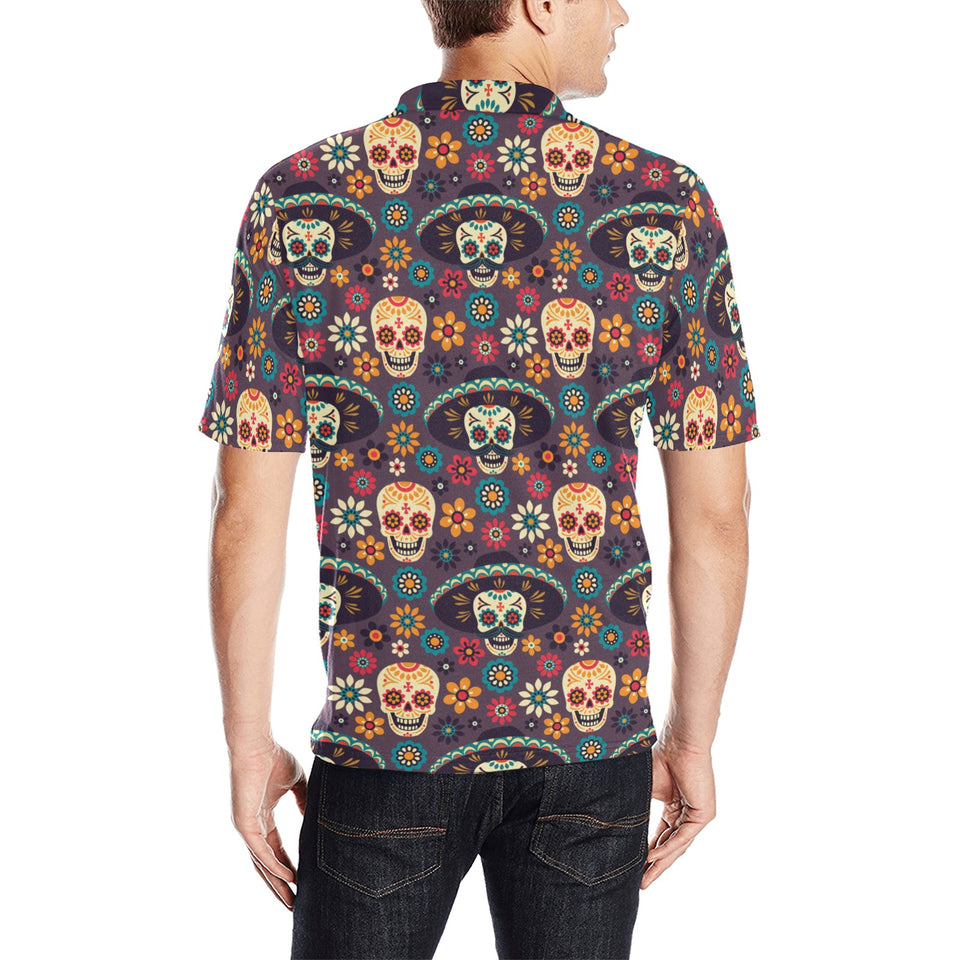 Sugar skulls flower maxican pattern Men's All Over Print Polo Shirt