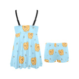 Brown cute pomeranian blue blackground Chest Sexy Pleated Two Piece Swim Dress