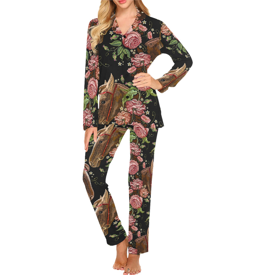 Horse head wild roses pattern Women's Long Pajama Set