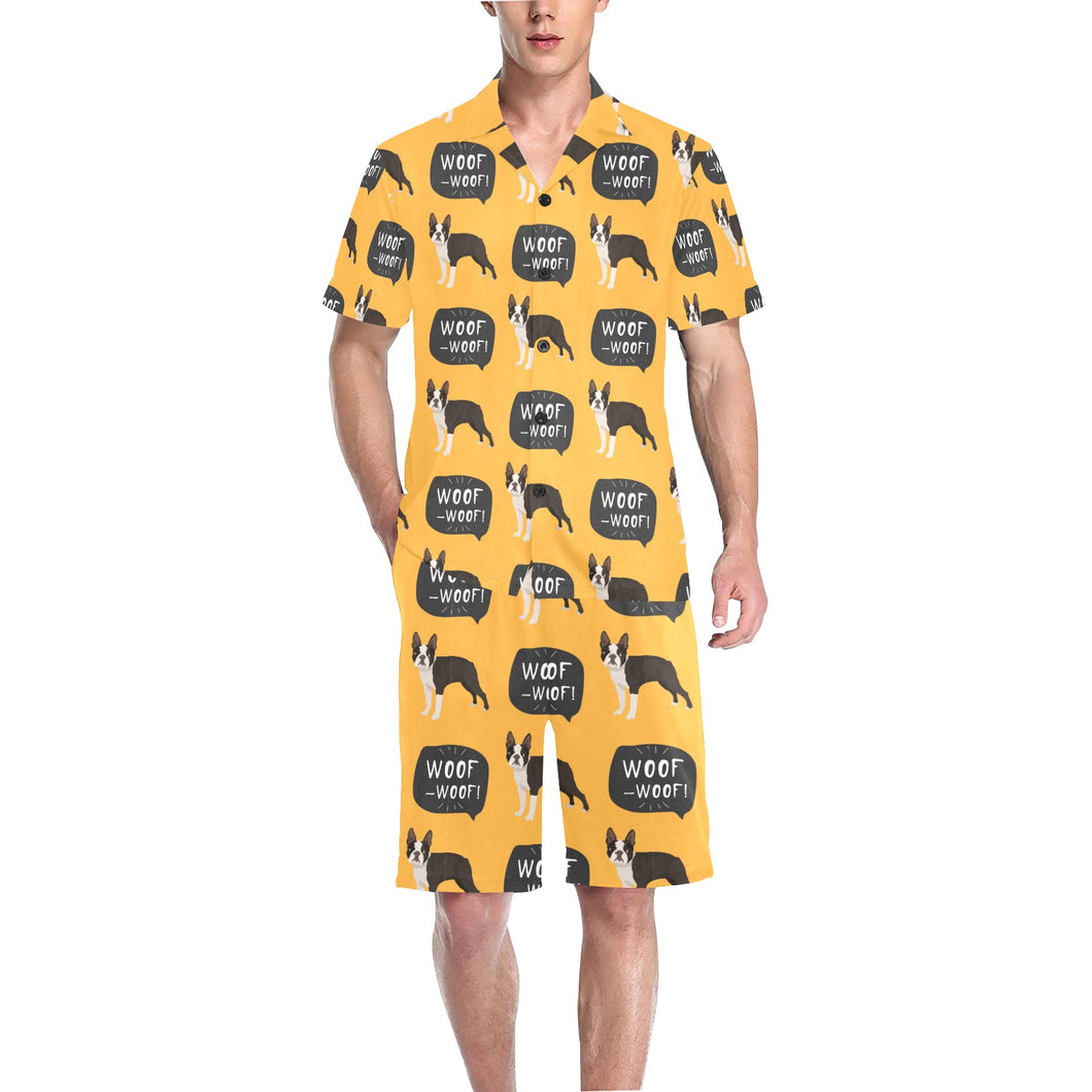 Boston terrier design pattern Men's V-Neck Short Pajama Set