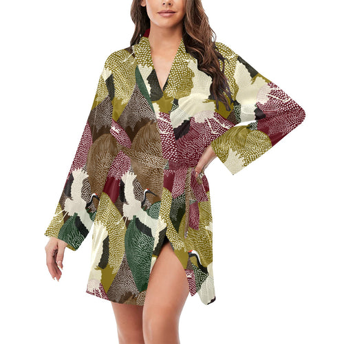 Japanese cranes flying forest dot pattern Women's Long Sleeve Belted Night Robe