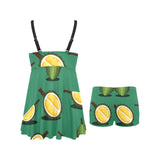 Durian pattern green background Chest Sexy Pleated Two Piece Swim Dress