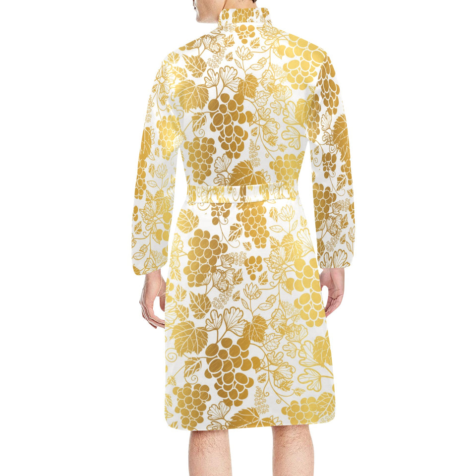 Gold grape pattern Men's Long Sleeve Belted Night Robe