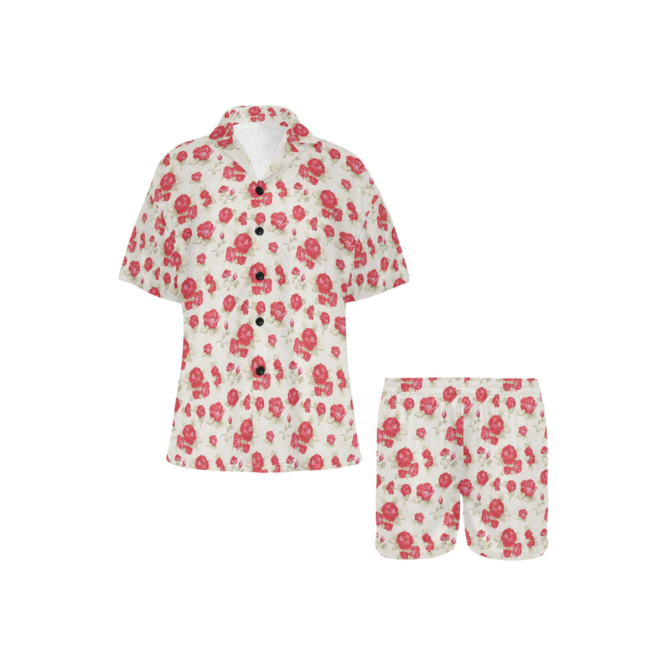 Rose Pattern Print Design 01 Women's V-Neck Short Pajama Set