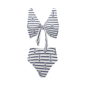 Anchor rope nautical pattern Chest Bowknot High Waisted Bikini Swimsuit