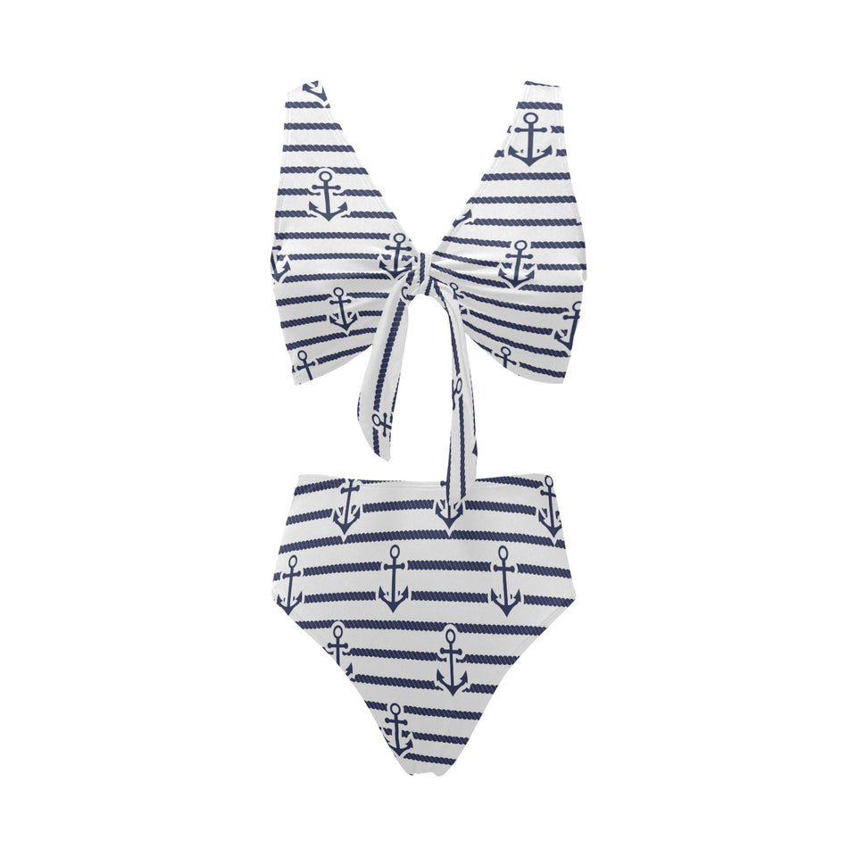 Anchor rope nautical pattern Chest Bowknot High Waisted Bikini Swimsuit