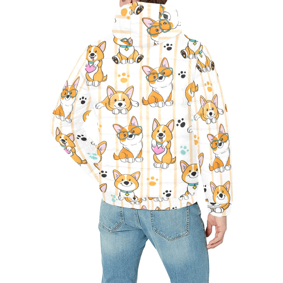 Cute dog corgi striped background pattern Men's Padded Hooded Jacket