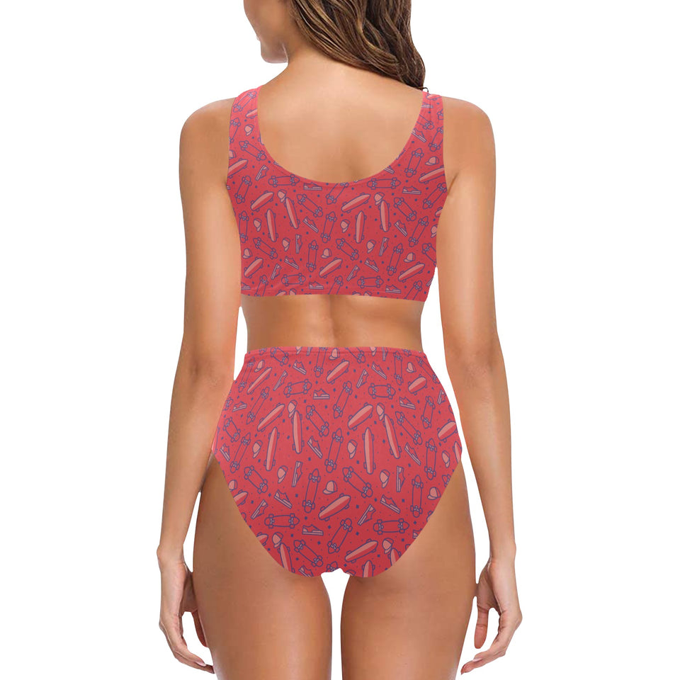 Skate Board Pattern Print Design 01 Chest Bowknot High Waisted Bikini Swimsuit
