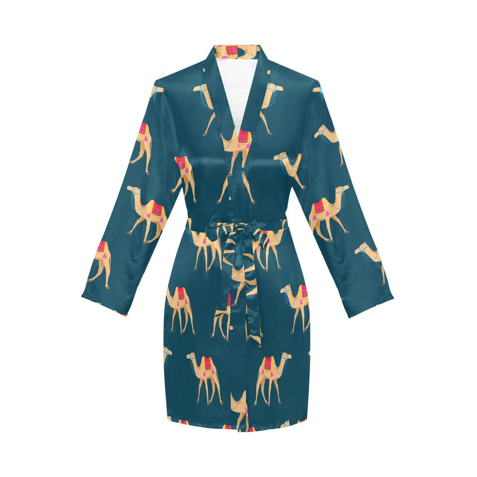 Camel pattern blue blackground Women's Long Sleeve Belted Night Robe