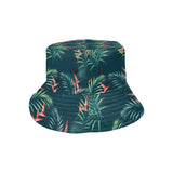 heliconia flowers, palm and monstera leaves on bla Unisex Bucket Hat