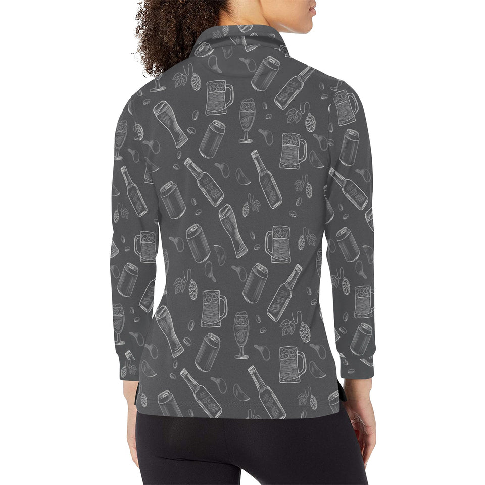Beer hand drawn pattern Women's Long Sleeve Polo Shirt
