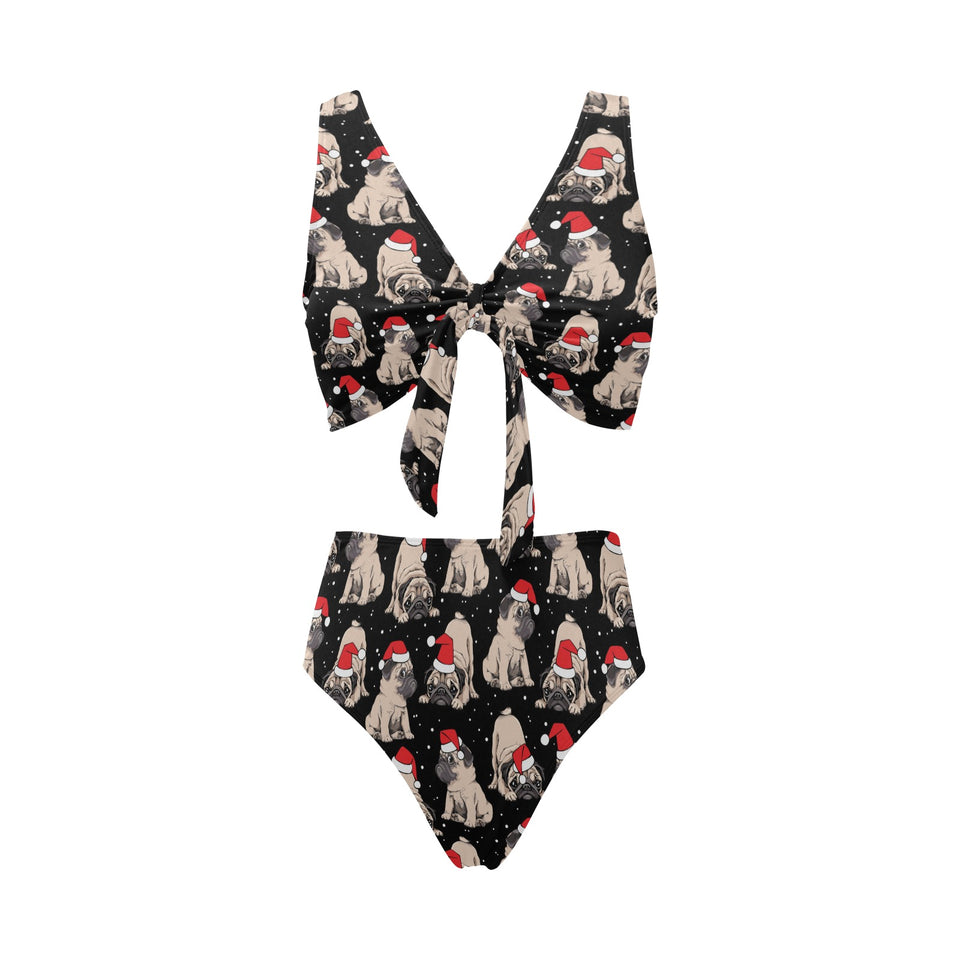 Christmas Pugs Santa_s red cap pattern Chest Bowknot High Waisted Bikini Swimsuit