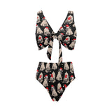 Christmas Pugs Santa_s red cap pattern Chest Bowknot High Waisted Bikini Swimsuit