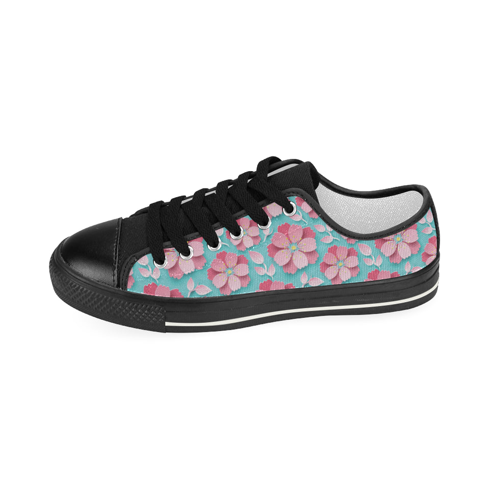 3D sakura cherry blossom pattern Women's Low Top Canvas Shoes Black