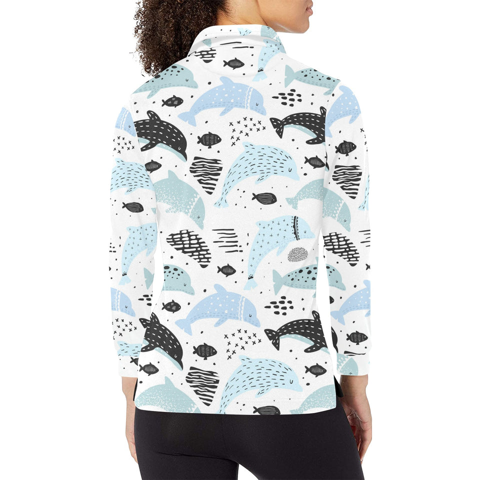 Cute dolphins Childish Style pattern Women's Long Sleeve Polo Shirt