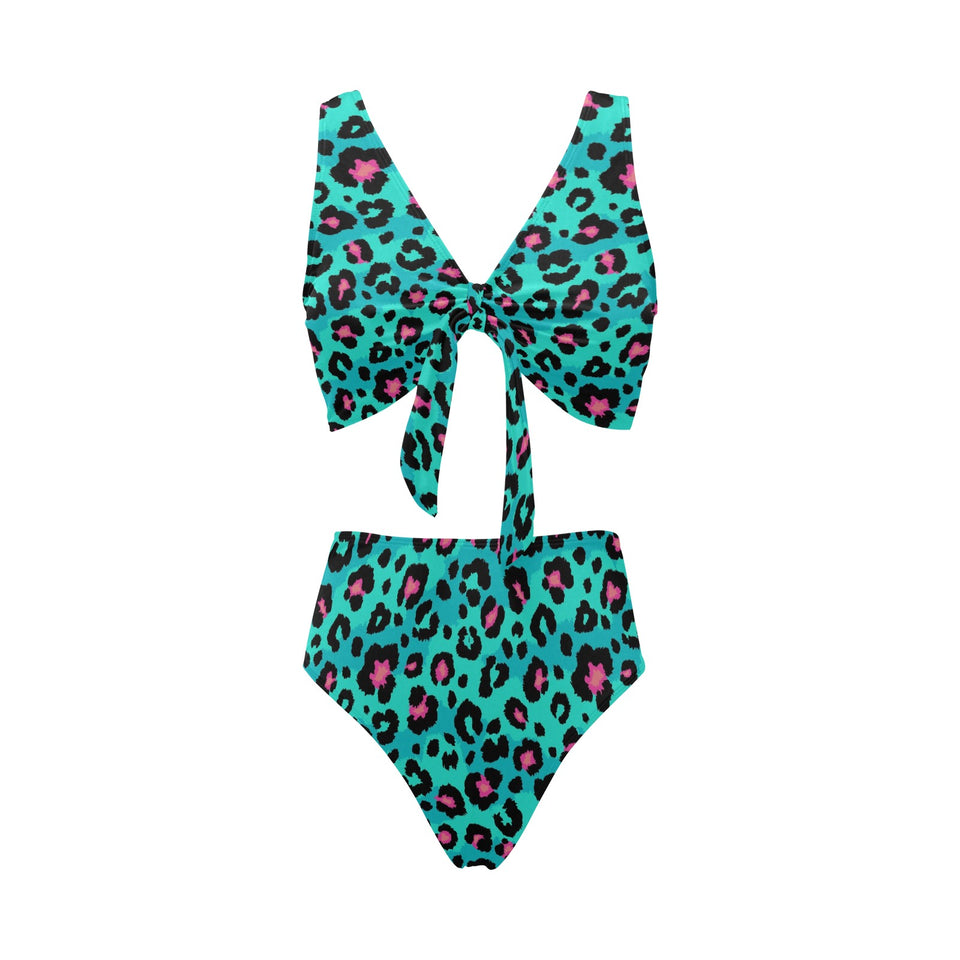 Green leopard skin print pattern Chest Bowknot High Waisted Bikini Swimsuit