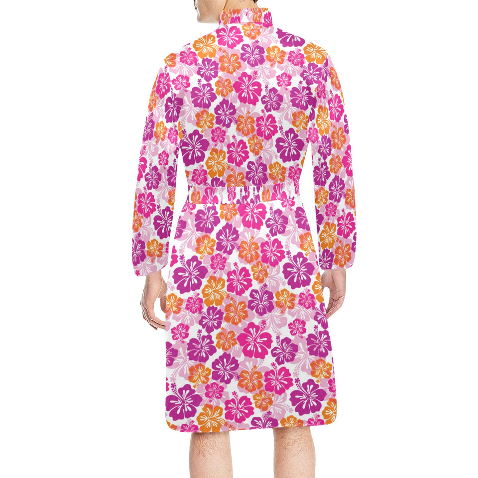 Hibiscus Pattern Print Design 01 Men's Long Sleeve Belted Night Robe