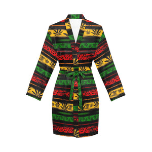 Canabis Marijuana Weed Pattern Print Design 04 Women's Long Sleeve Belted Night Robe