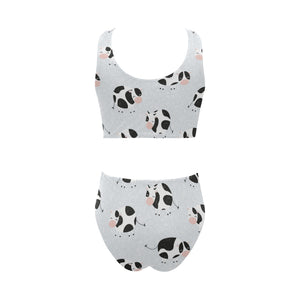 Cute cows pattern Chest Bowknot High Waisted Bikini Swimsuit