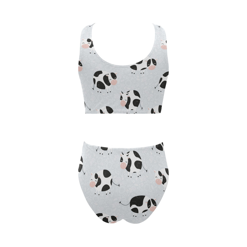 Cute cows pattern Chest Bowknot High Waisted Bikini Swimsuit