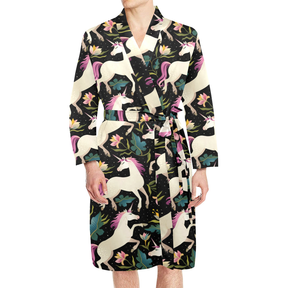 Unicorns forest background Men's Long Sleeve Belted Night Robe