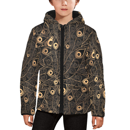 Gold peacock feather pattern Kids' Boys' Girls' Padded Hooded Jacket