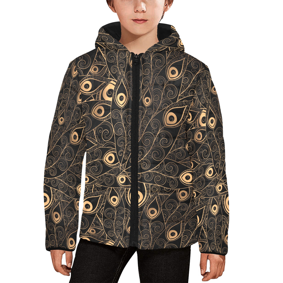 Gold peacock feather pattern Kids' Boys' Girls' Padded Hooded Jacket