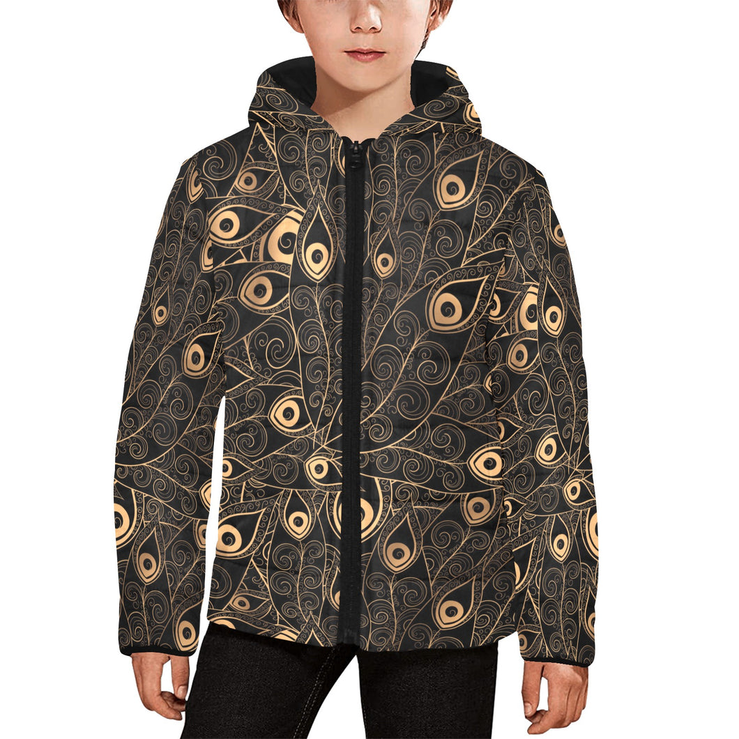 Gold peacock feather pattern Kids' Boys' Girls' Padded Hooded Jacket