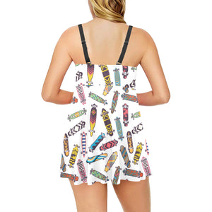 Skate Board Pattern Print Design 05 Chest Sexy Pleated Two Piece Swim Dress