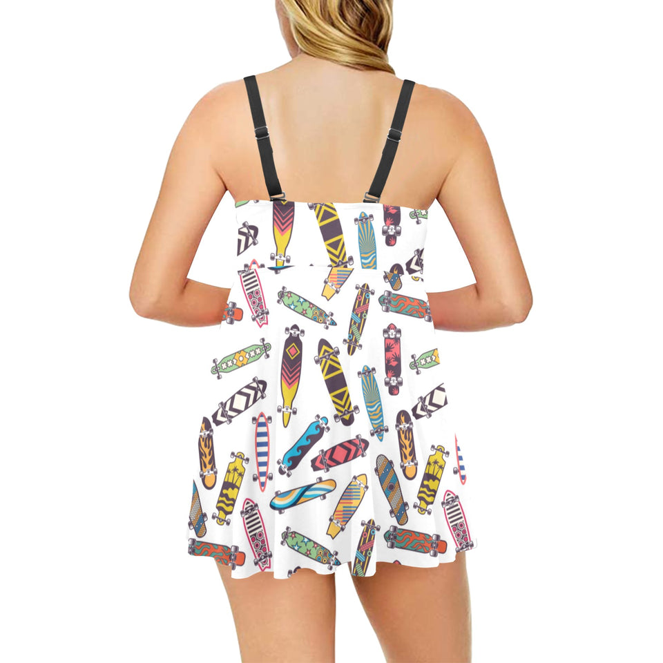Skate Board Pattern Print Design 05 Chest Sexy Pleated Two Piece Swim Dress