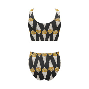French fries dark background Chest Bowknot High Waisted Bikini Swimsuit