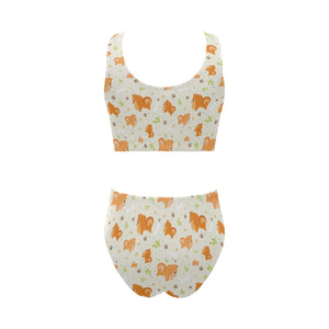 Cute brown pomeranian paw leave bone pattern Chest Bowknot High Waisted Bikini Swimsuit