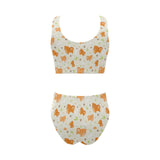 Cute brown pomeranian paw leave bone pattern Chest Bowknot High Waisted Bikini Swimsuit