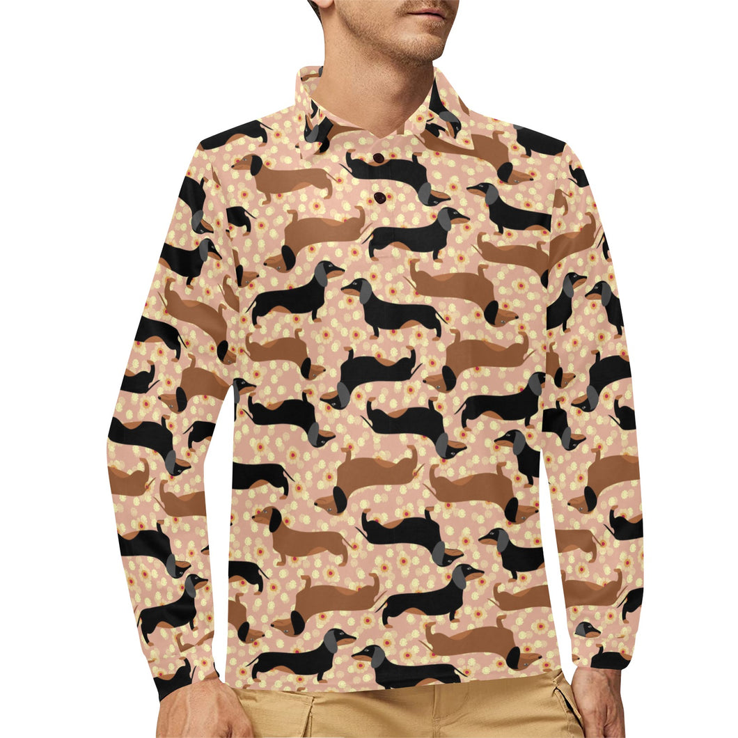 Dachshund floral background Men's Long Sleeve Polo Shirt