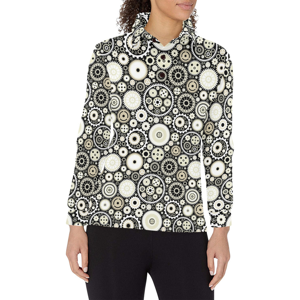 Gear Pattern Print Design 02 Women's Long Sleeve Polo Shirt