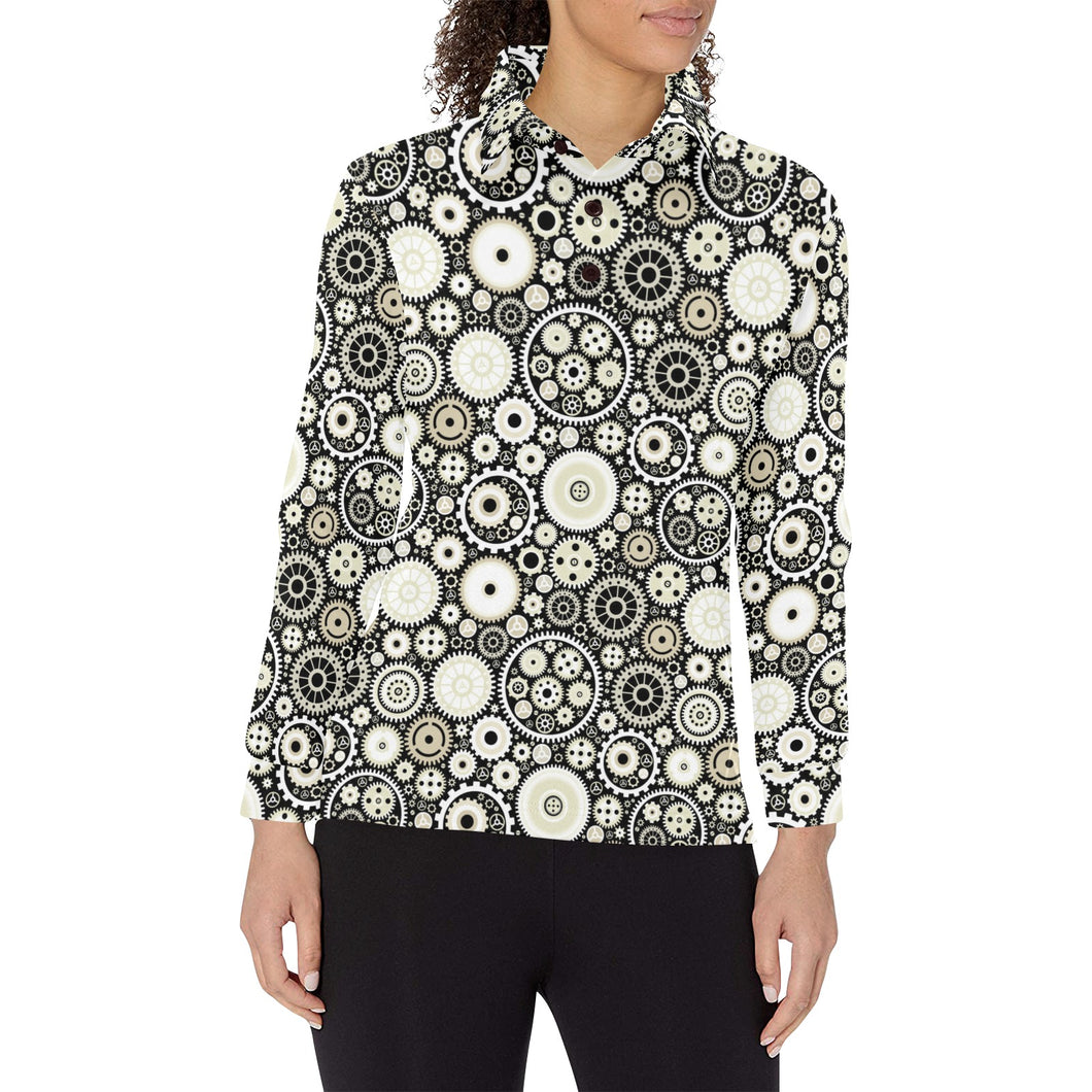 Gear Pattern Print Design 02 Women's Long Sleeve Polo Shirt