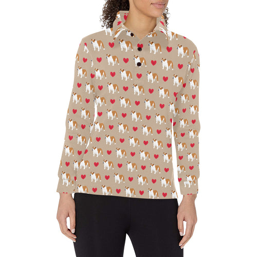 English Bulldog Pattern Print Design 05 Women's Long Sleeve Polo Shirt