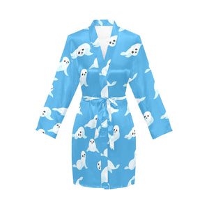 Cute sea lion seal pattern background Women's Long Sleeve Belted Night Robe