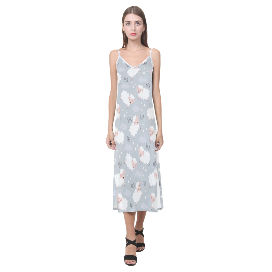Sweet dreams sheep pattern V-Neck Open Fork Long Dress