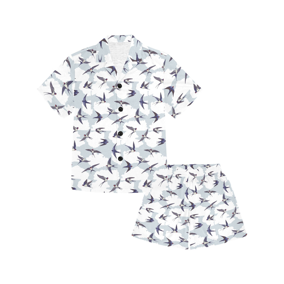 Swallow Pattern Print Design 05 Kids' Boys' Girls' V-Neck Short Pajama Set