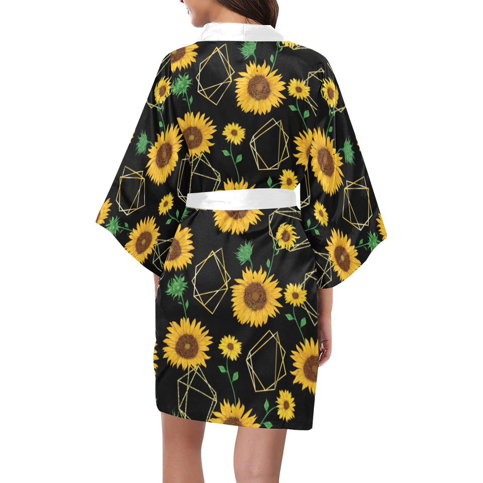 sunflower golden polygonal shapes Women's Short Kimono Robe