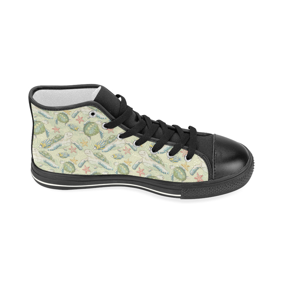 Hand drawn sea turtle fish pattern Women's High Top Canvas Shoes Black