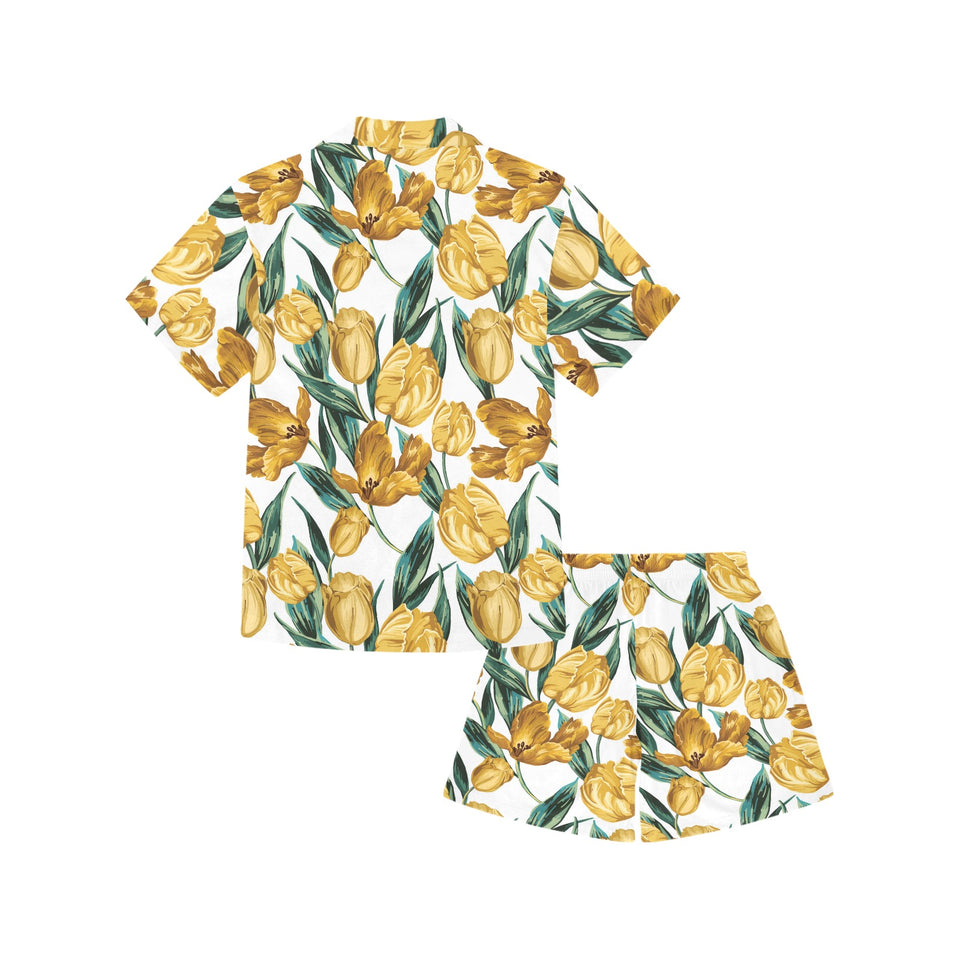 yellow tulips pattern Kids' Boys' Girls' V-Neck Short Pajama Set