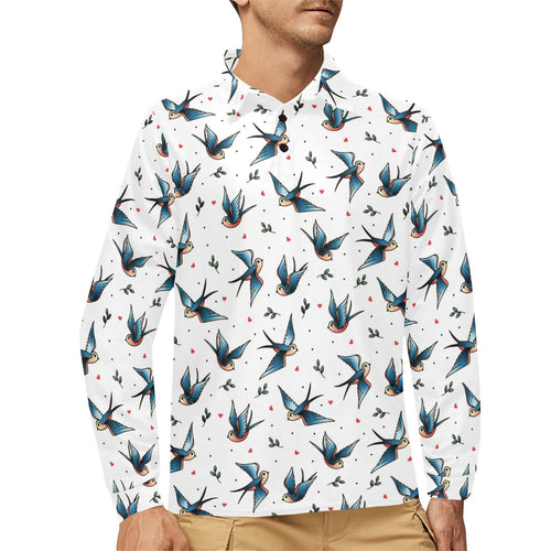 Swallow Pattern Print Design 04 Men's Long Sleeve Polo Shirt