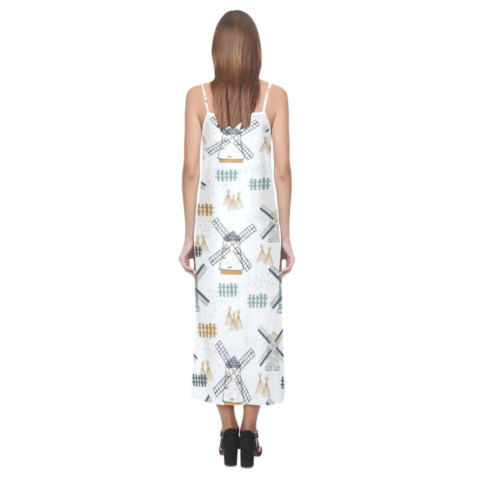 windmill pattern V-Neck Open Fork Long Dress