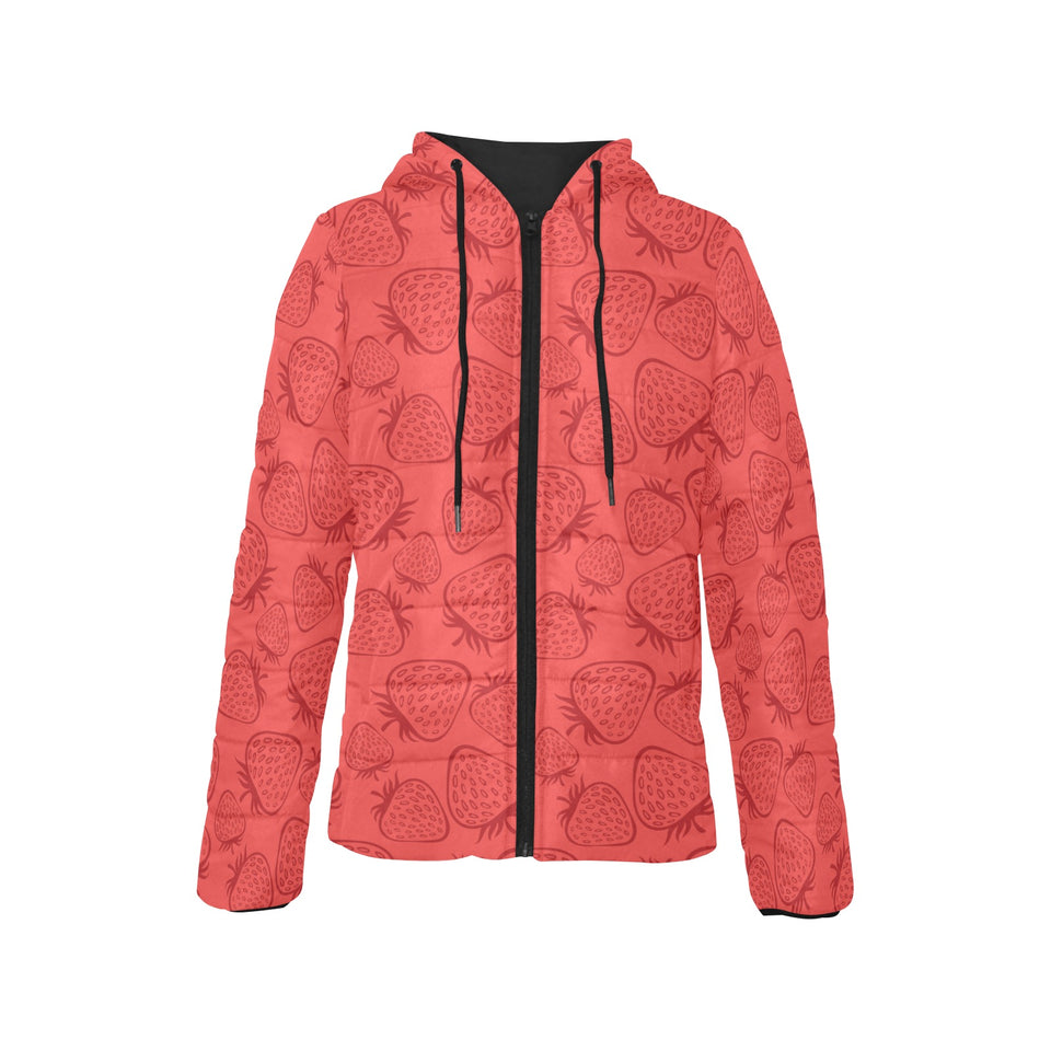 strawberry pattern red background Women's Padded Hooded Jacket