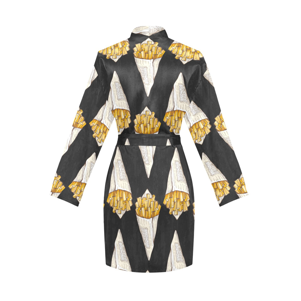 French fries dark background Women's Long Sleeve Belted Night Robe